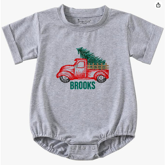 Truck with Christmas Tree Short-Sleeve Bubble Romper