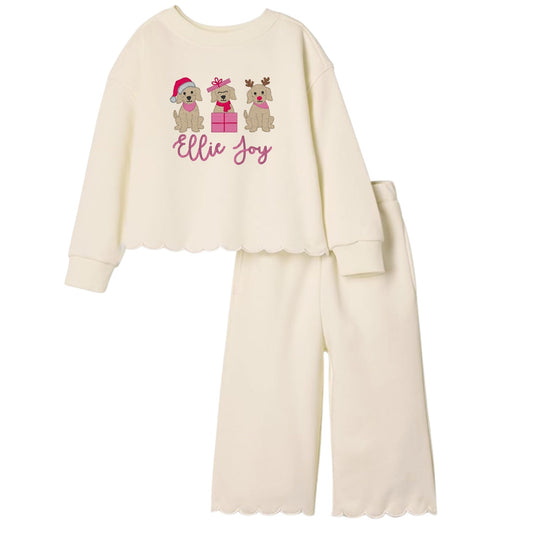 Christmas Puppy Trio Scalloped Two-Piece Sweat Set