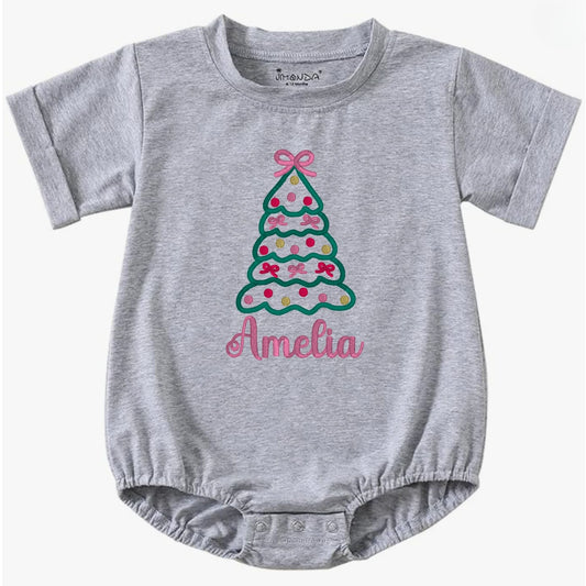 Christmas Tree with Bows Short-Sleeve Bubble Romper