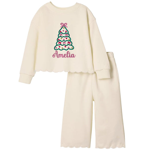 Christmas Tree with Bows Scalloped Two-Piece Sweat Set