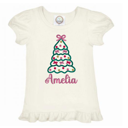 Christmas Tree with Bows Ruffle Sleeve T-Shirt