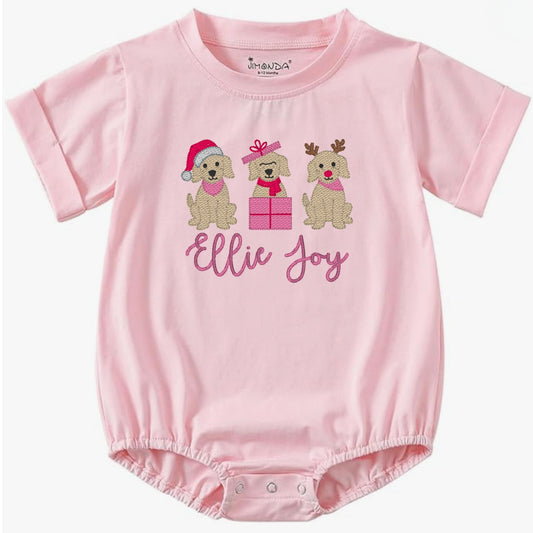 Christmas Puppy Trio Short-Sleeve Bubble Romper - Pink