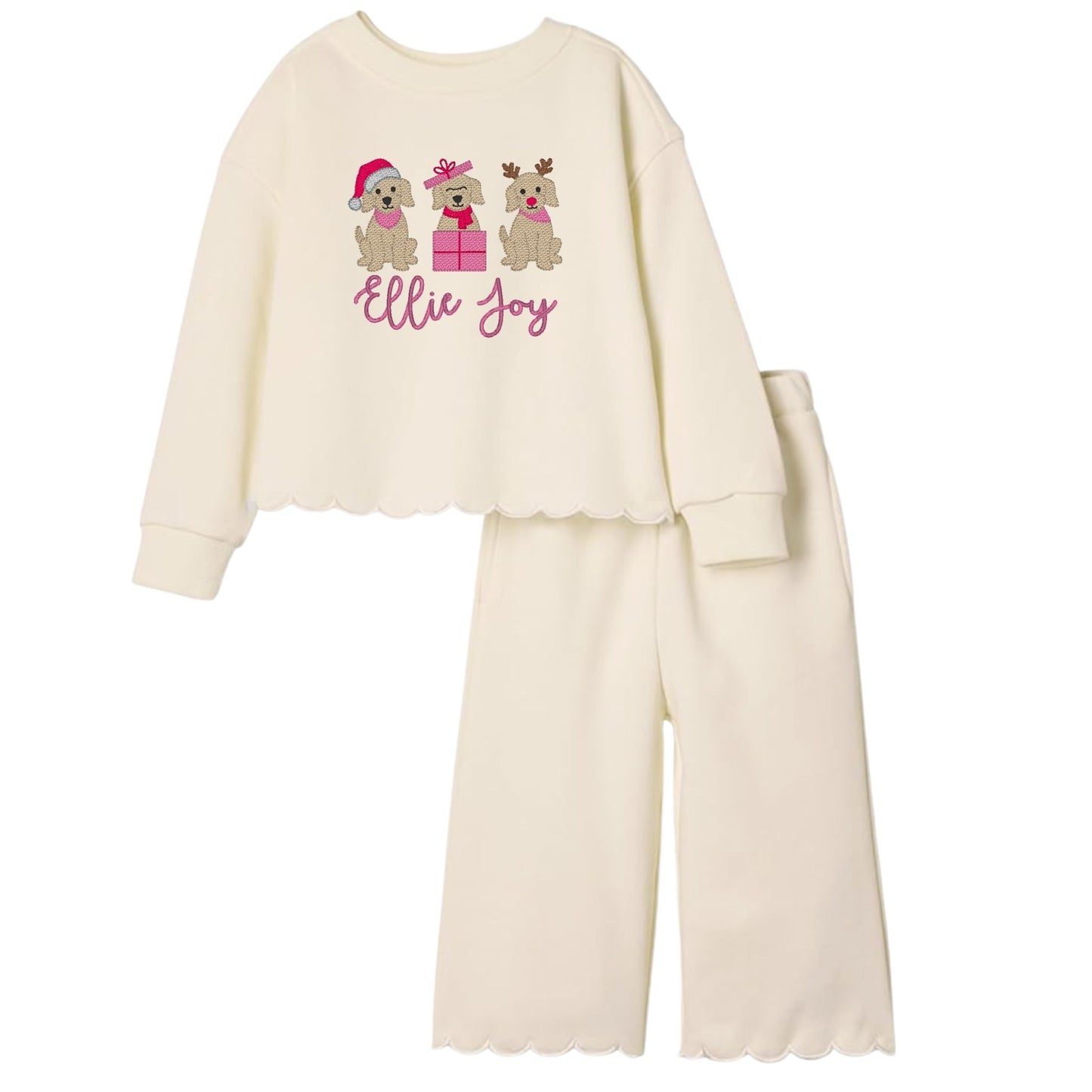 Christmas Puppy Trio Scalloped Two-Piece Sweat Set