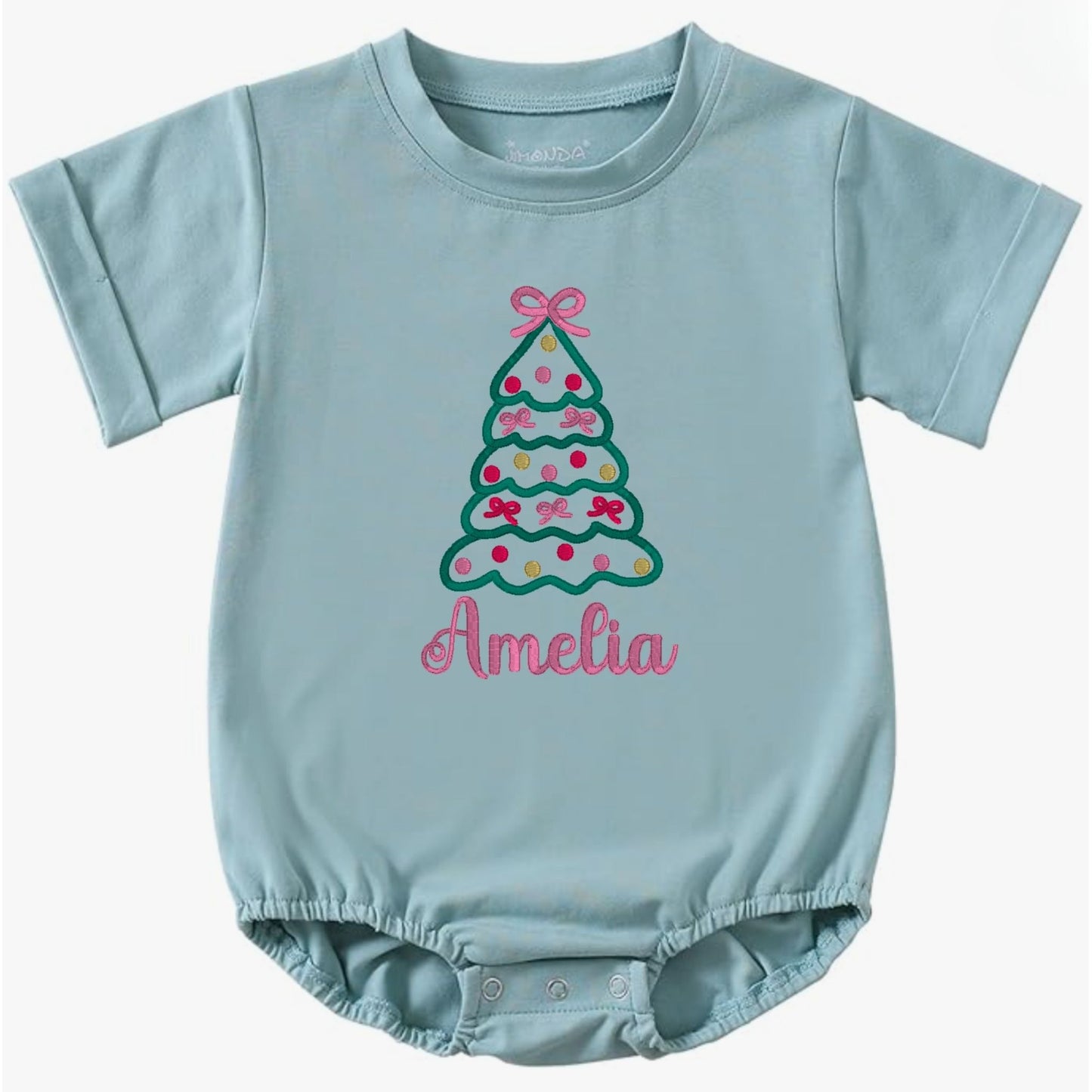 Christmas Tree with Bows Short-Sleeve Bubble Romper