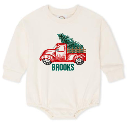 Truck with a Tree Christmas Sweatshirt Bubble Romper