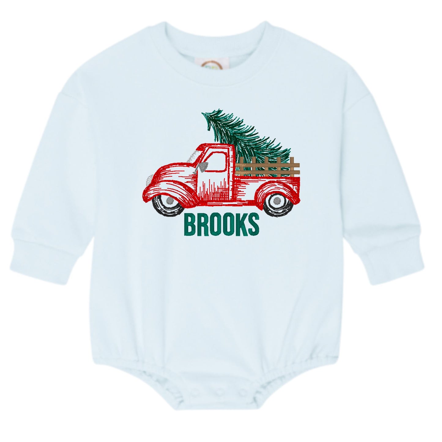 Truck with a Tree Christmas Sweatshirt Bubble Romper