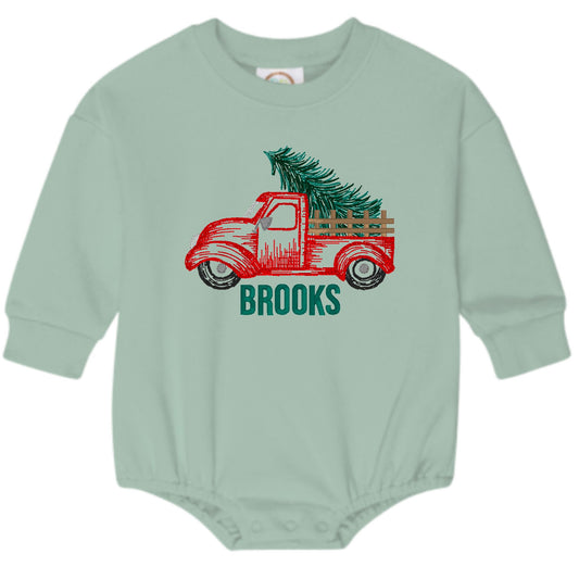 Truck with a Tree Christmas Sweatshirt Bubble Romper
