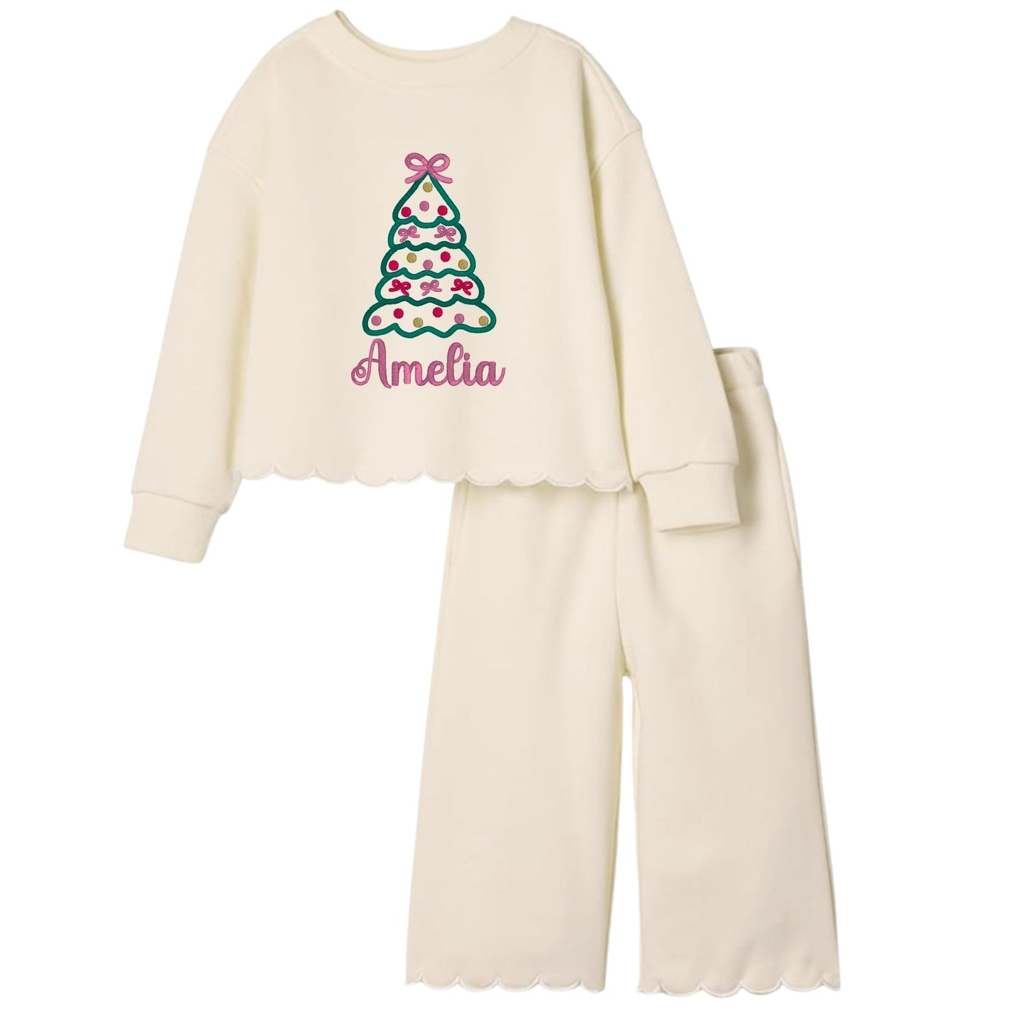Christmas Tree with Bows Scalloped Two-Piece Sweat Set