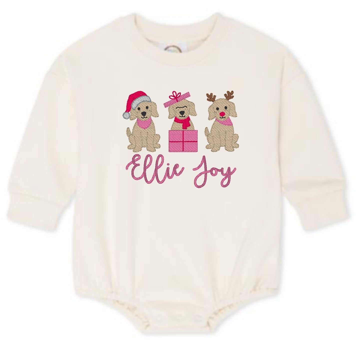 Christmas Puppy Trio Sweatshirt Bubble Romper - Pink