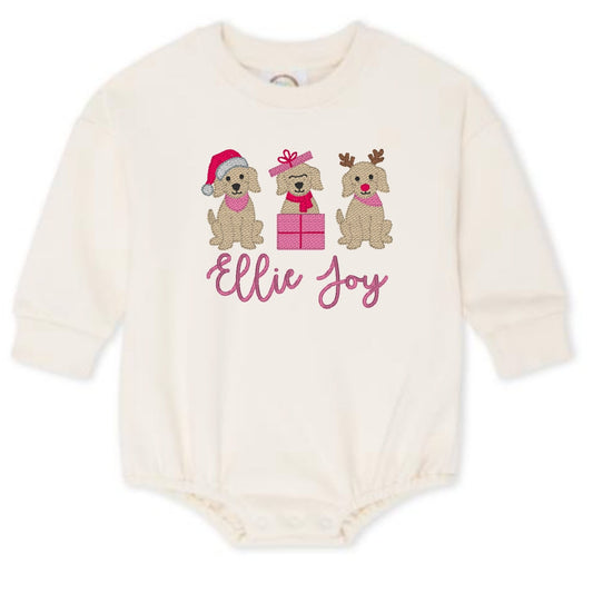 Christmas Puppy Trio Sweatshirt Bubble Romper - Pink