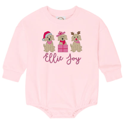 Christmas Puppy Trio Sweatshirt Bubble Romper - Pink