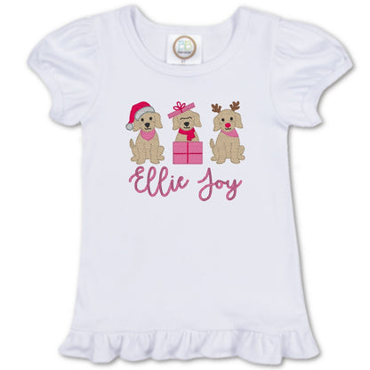 Christmas Puppy Trio Ruffle Sleeve T-Shirt