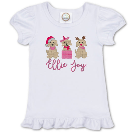 Christmas Puppy Trio Ruffle Sleeve T-Shirt