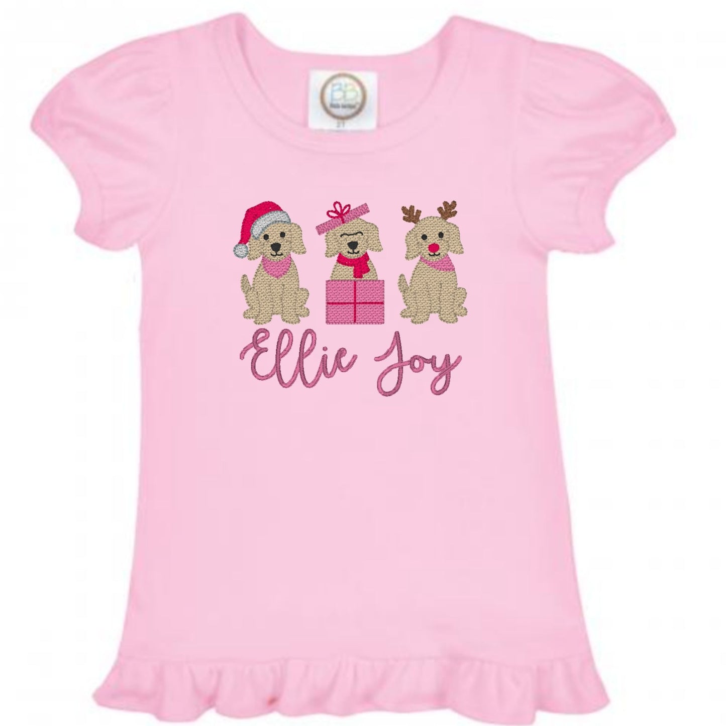 Christmas Puppy Trio Ruffle Sleeve T-Shirt
