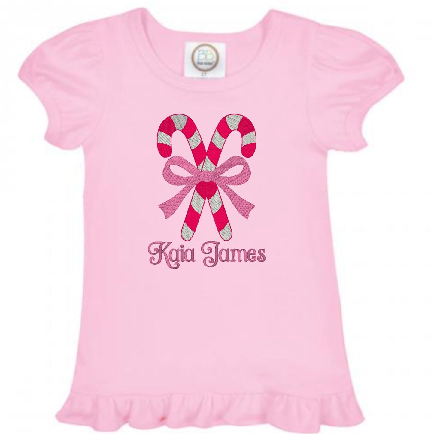 Candy Cane Bow Ruffle Sleeve T-Shirt