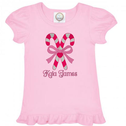 Candy Cane Bow Ruffle Sleeve T-Shirt