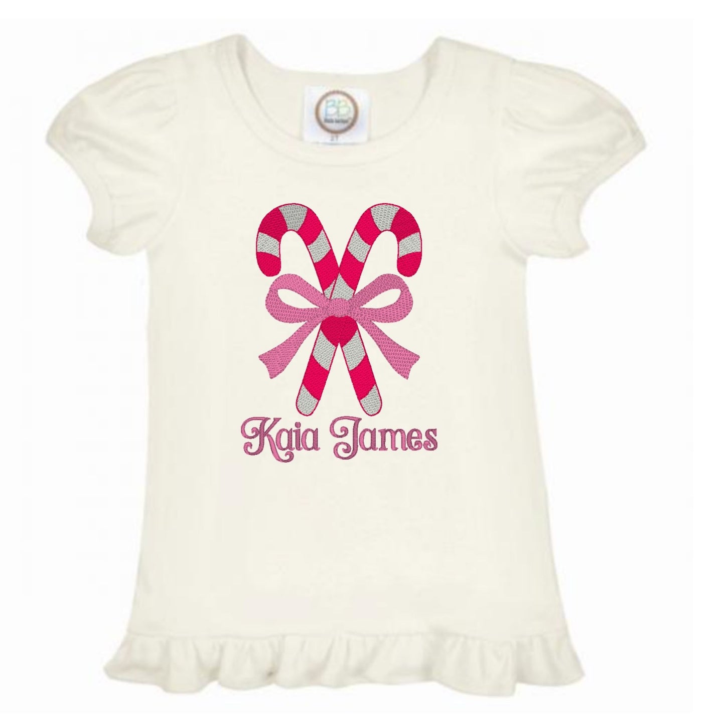 Candy Cane Bow Ruffle Sleeve T-Shirt