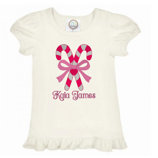 Candy Cane Bow Ruffle Sleeve T-Shirt