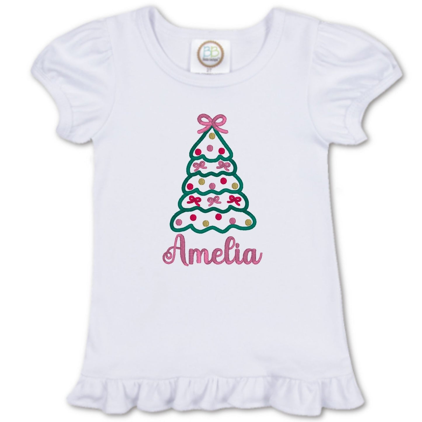 Christmas Tree with Bows Ruffle Sleeve T-Shirt
