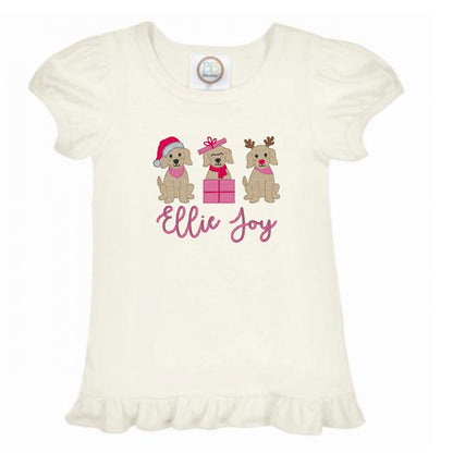 Christmas Puppy Trio Ruffle Sleeve T-Shirt