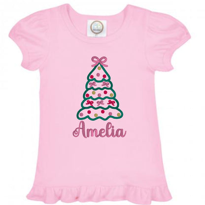 Christmas Tree with Bows Ruffle Sleeve T-Shirt