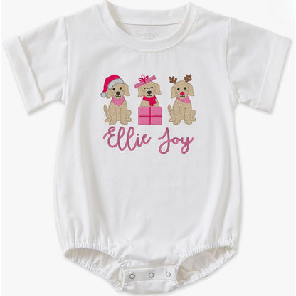 Christmas Puppy Trio Short-Sleeve Bubble Romper - Pink