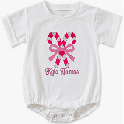 Candy Cane Bow Short-Sleeve Bubble Romper