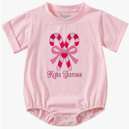 Candy Cane Bow Short-Sleeve Bubble Romper