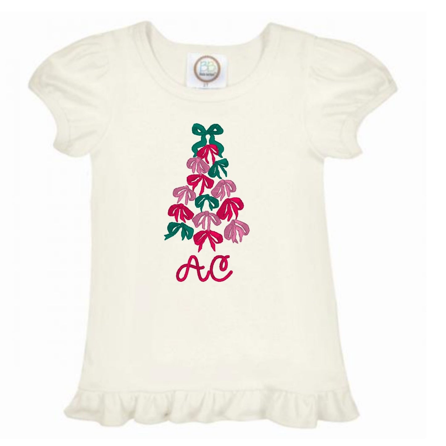 Bow Christmas Tree Ruffle Sleeve T-Shirt