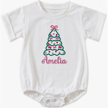 Christmas Tree with Bows Short-Sleeve Bubble Romper