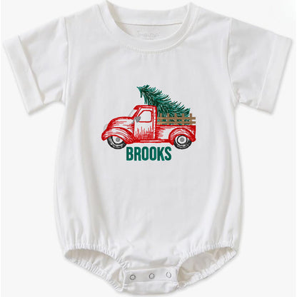 Truck with Christmas Tree Short-Sleeve Bubble Romper