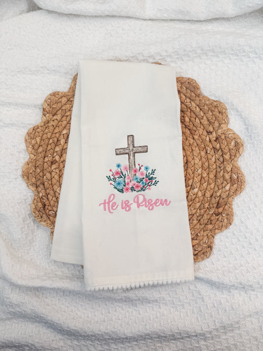 He is Risen Floral Cross Tea Towel