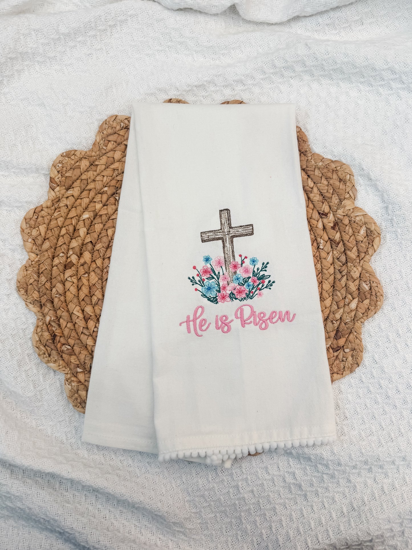 He is Risen Floral Cross Tea Towel