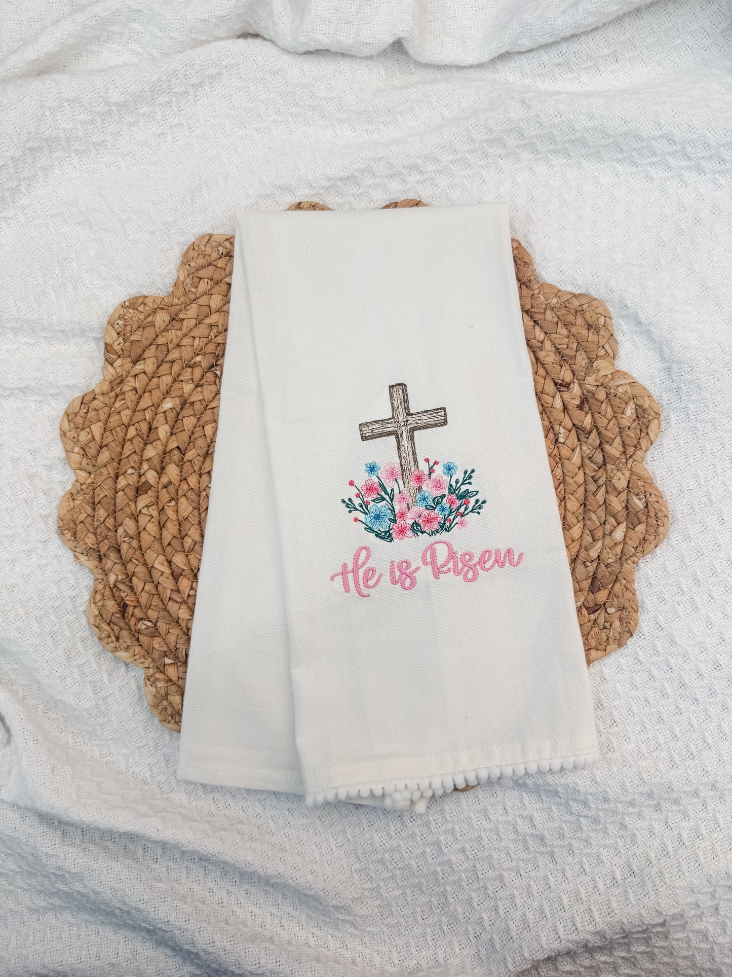 He is Risen Floral Cross Tea Towel
